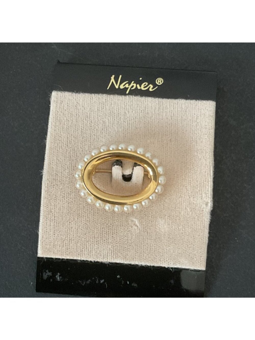 Vintage Napier Faux Pearl Gold Oval Brooch Pin Minimalist Coquette Retro Classic
